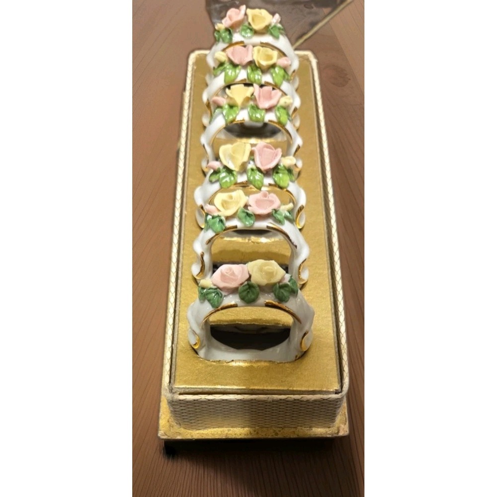 Vintage Porcelain Flower Napkin Rings Cottage Table Decor Set of 6 Original Box